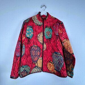 Chico's Womens Quilted Lantern Print Jacket Size 2 Red Silk Zip Up Lightweight